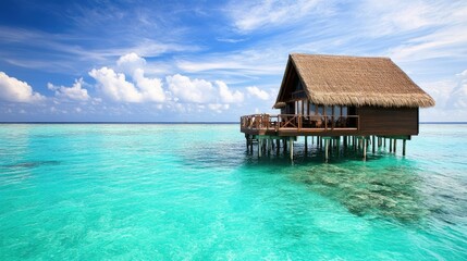 An overwater villa with a thatched roof, surrounded by turquoise waters in the Maldives.