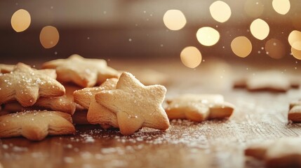 Delicious star-shaped cookies dusted with sugar, set against a warm, blurred background of festive bokeh lights.