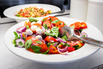 Green Salad with Fresh Tomatoes, Bell Peppers, and Onions - Side View