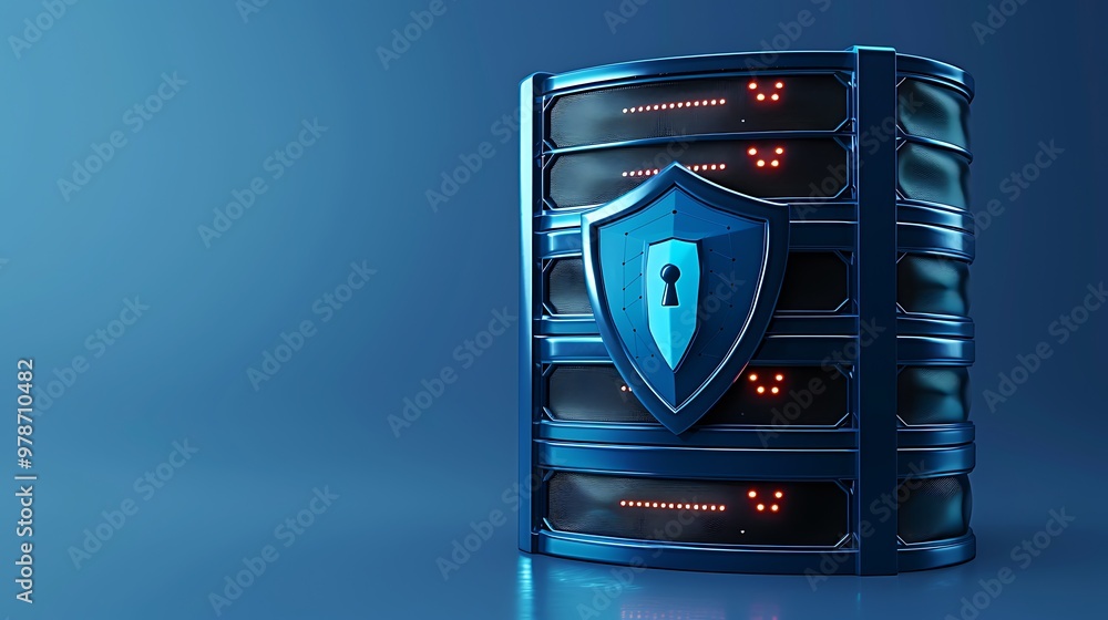Poster A secure server with a shield icon, representing data protection and cybersecurity in a modern digital landscape.
