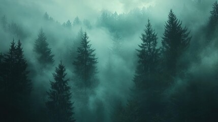 Fototapeta premium Atmospheric forest scene with dense fog rolling through the trees, creating a moody, mysterious vibe