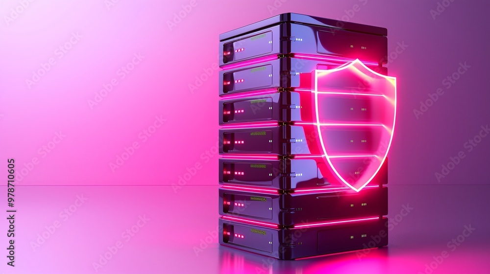 Poster a sleek server tower with a glowing shield symbol, representing data security and protection in a vi