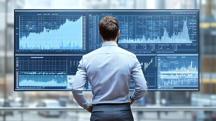 A Businessman Stands Before a Large Screen Displaying Complex Data Charts and Graphs for Financial Analysis