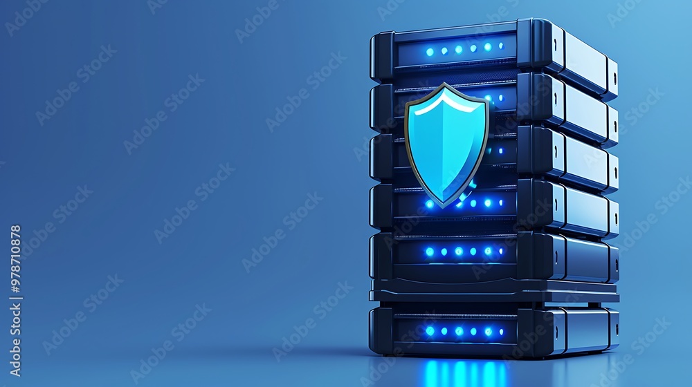 Poster a stack of secure servers featuring blue lights and a protective shield symbol, representing cyberse