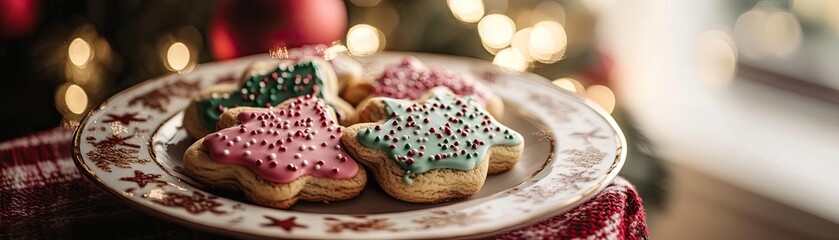 A festive plate of colorful star-shaped cookies adorned with vibrant icing and sprinkles, perfect for holiday celebrations.