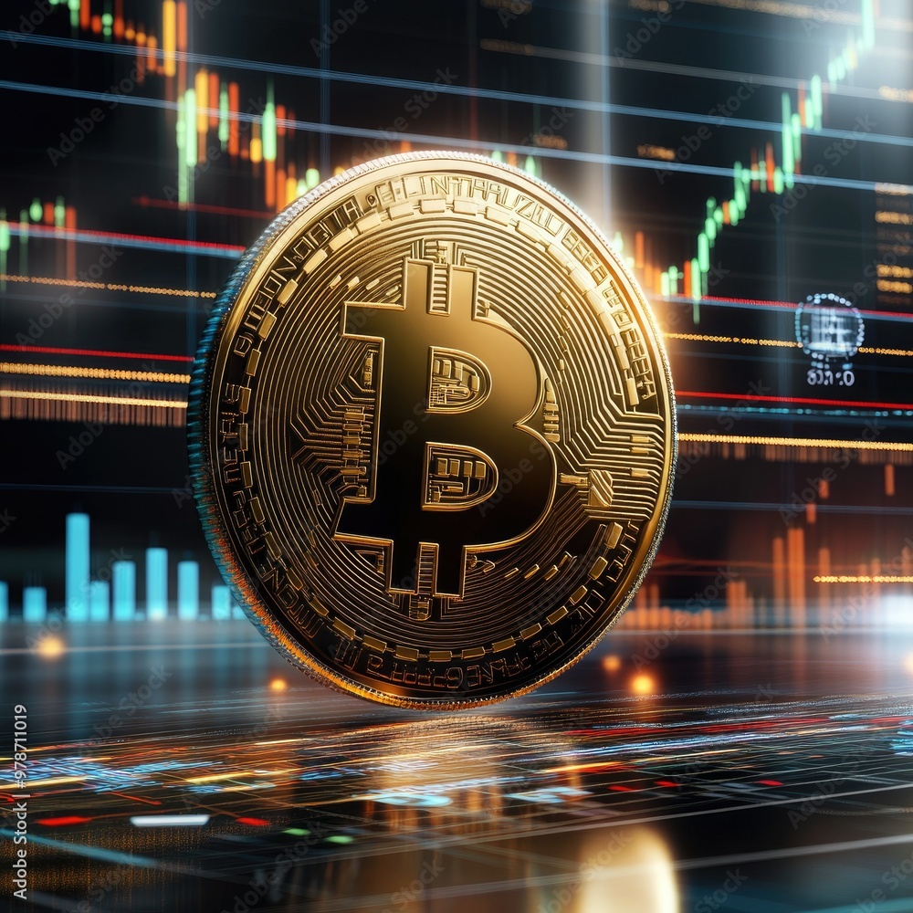 Poster bitcoin coin with financial data, charts, and stock symbols floating around in a wealth-driven busin