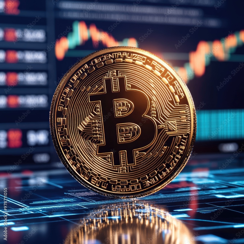 Poster bitcoin coin with financial data, charts, and stock symbols floating around in a wealth-driven busin