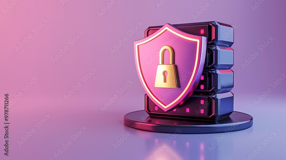 Poster a vibrant representation of data security with a padlock shield over a server, symbolizing protectio