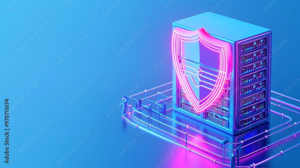 Poster a vibrant server icon featuring a protective shield symbolizing data security and technology in a fu