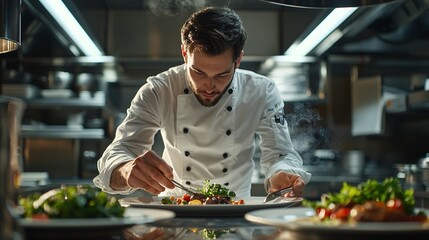 A skilled cook in a contemporary kitchen focuses intently on crafting a sophisticated dish with precision and artistry.