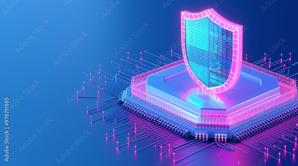Poster a vibrant shield design symbolizing cybersecurity, featuring neon colors and digital elements, perfe