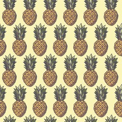 Bright and easy to execute seamless pattern in pop art style. Linear drawing of  fruits with color fill is a modern type of printed art for branding, advertising, summer discounts and sales