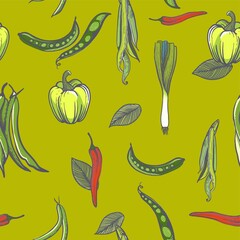 Bright and easy to execute seamless pattern in pop art style. Linear drawing of vegetables with color fill is a modern type of printed art for branding, advertising, summer discounts and sales