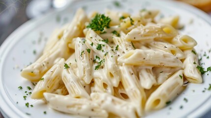 Penne Pleasure Creamy Pasta Delight with Fresh Parsley Garnish in Simple Composition, Inviting White Plate Setting