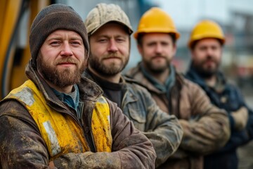 Fototapeta premium A group of rugged construction workers, dressed in worn, heavy-duty jackets