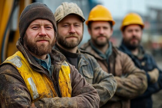 A group of rugged construction workers, dressed in worn, heavy-duty jackets