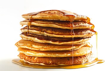 A stack of fluffy pancakes with syrup dripping down 