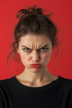 A Woman Angry Expression Captured Against a Vibrant Red Background. Female face full of anger