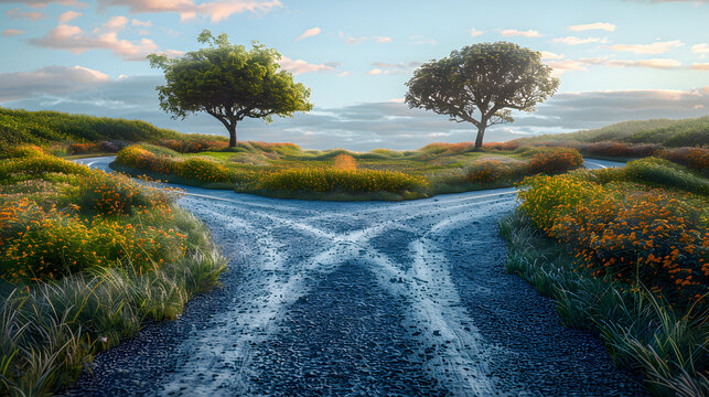 Fork in the Road Path Decision Choice Division Unify Divergence Convergence Right Wrong Road Less Traveled Crossroad Opportunity Dilemma Business Decision Transition Change Unification Right Wrong