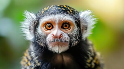 Naklejka premium Close-up of a marmoset's face, showcasing its expressive eyes and distinctive white beard in natural light.