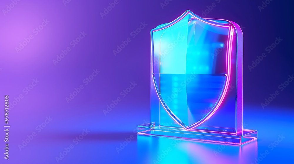 Poster a vibrant shield symbol representing protection and security, illuminated with colorful lights on a 