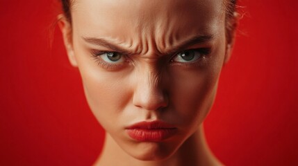 A Woman Angry Expression Captured Against a Vibrant Red Background. Female face full of anger
