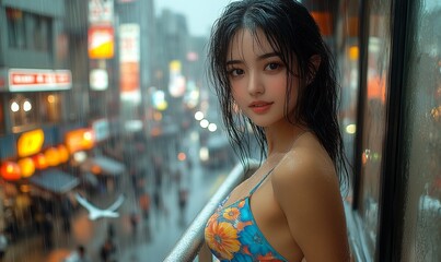 Fototapeta premium Asian Korean, Chinese glamor background, beautiful Japanese girl wearing a fluorescent neon blue floral dress, long flowing wet black hair, crowded street, apartment overlooking the rainy city