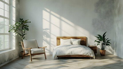 Minimalist Bedroom with Wooden Bed and Chair 3D Illustration