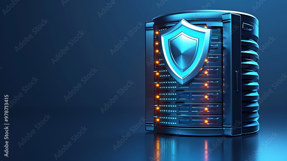Poster a visually striking data server with a security shield, symbolizing protection and reliability in di