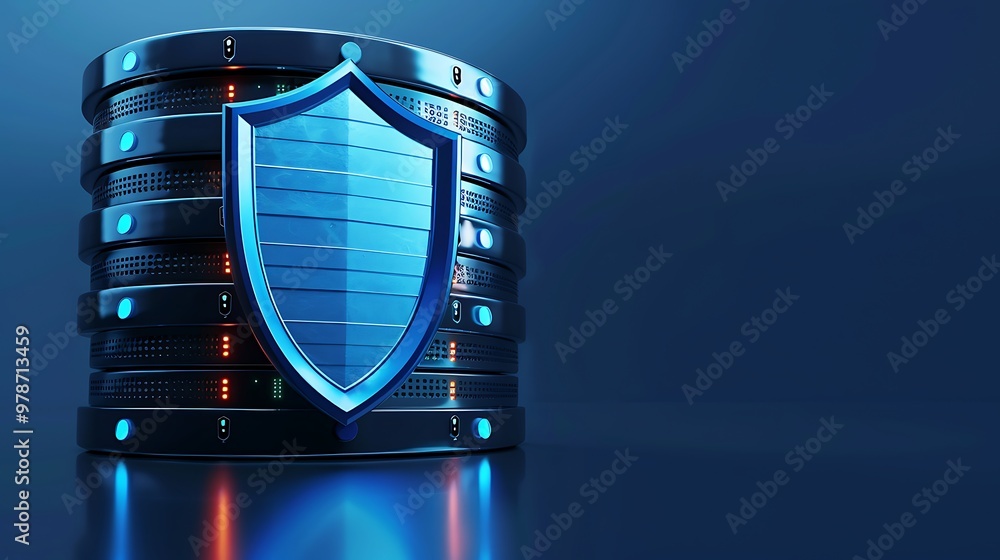 Poster a visually striking digital shield overlaid on a data server, symbolizing cybersecurity and data pro