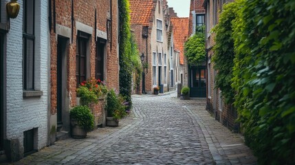 Fototapeta premium Cobblestone streets and charming medieval architecture in the city of Bruges, Belgium.