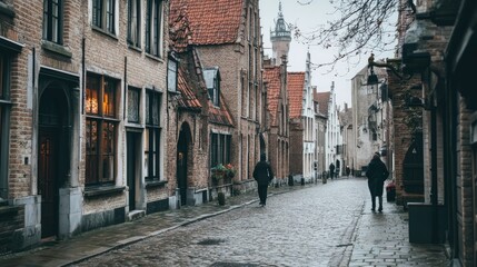 Fototapeta premium Cobblestone streets and charming medieval architecture in the city of Bruges, Belgium.