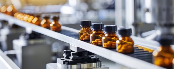Obraz premium Pharmaceutical Production Line Perspective View of Amber Glass Pill Bottles Moving on White Conveyor Belt, symbolizing Precision, Automation, and Controlled Process in Bright Industrial Setting
