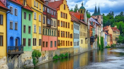 Obraz premium Colorful row houses along the waterfront in Cesky Krumlov, Czech Republic.