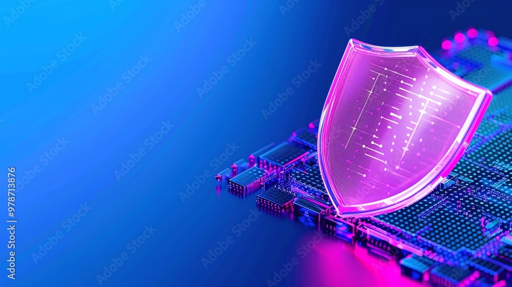 Poster abstract digital security concept with a glowing shield over a circuit board background, representin