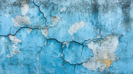 Cracked blue painted concrete wall, with chipped areas revealing a worn, textured surface beneath for a grunge effect