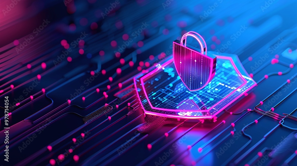 Aufkleber abstract digital shield with padlock symbolizing cybersecurity and data protection in a vibrant, hig