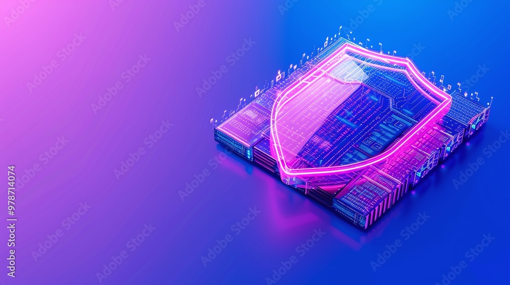 Poster abstract illustration of a digital shield on a circuit board, symbolizing cybersecurity and data pro