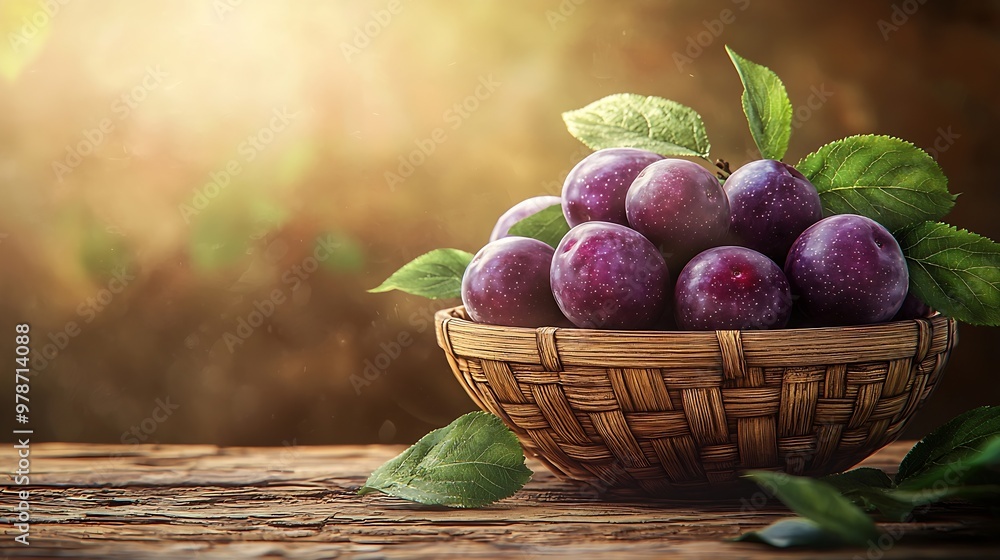 Aufkleber ripe plums in a bamboo bowl on rustic wooden table : generative ai