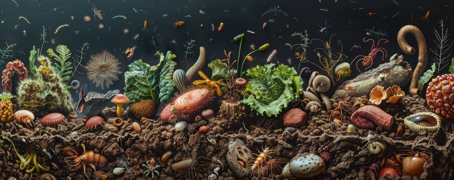 Realm of Diversity A Vibrant Ecosystem's Extravaganza in Contrasting Worlds - Floating Creatures, Plant Life, and Soil Interconnectedness Set Against a Dark Backdrop.