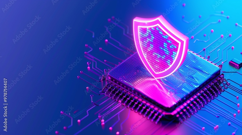 Poster abstract representation of digital security with a glowing shield over a microchip, symbolizing tech