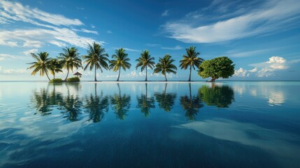 Crystal-clear lagoon water reflecting the palm trees and overwater villas in a Maldives resort.