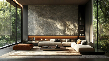 Modern Living Room Interior Design with Large Windows and a Stone Wall 3d Illustration