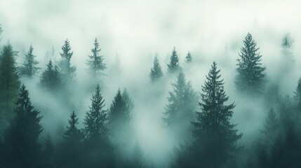 Fototapeta premium Dense fog blanketing a forest, with towering trees disappearing into the mist and creating a mysterious atmosphere