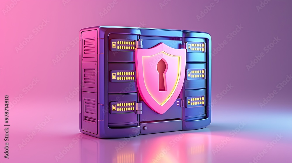 Poster colorful 3d illustration of a secure data server with a shield symbolizing cybersecurity and data pr