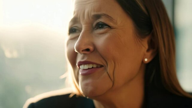 Close-up of a middle-aged woman with laugh lines expressing skepticism transforming into amusement under natural window light.