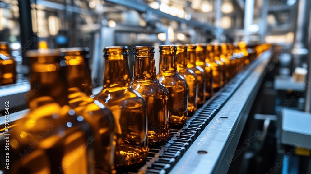 Poster a production line with amber bottles moving along a conveyor, highlighting the speed and efficiency 