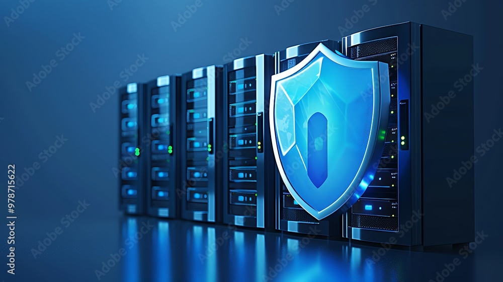 Poster conceptual illustration of data security featuring a shield overlaying server racks, representing pr