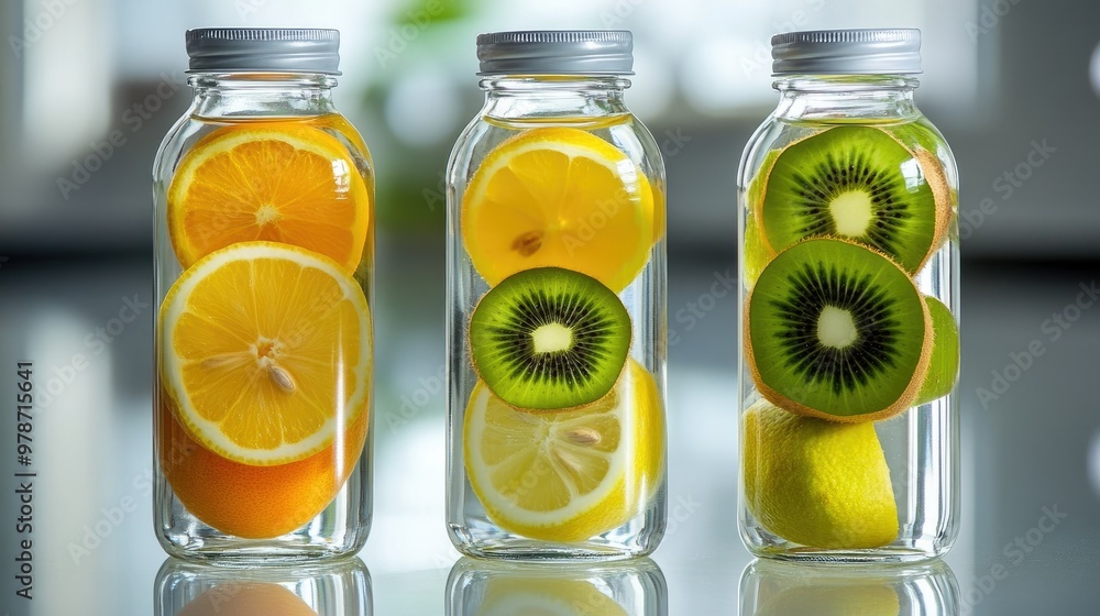 Poster a row of three transparent bottles packed with fruits--mango, lemon, and kiwi--elegantly aligned on 
