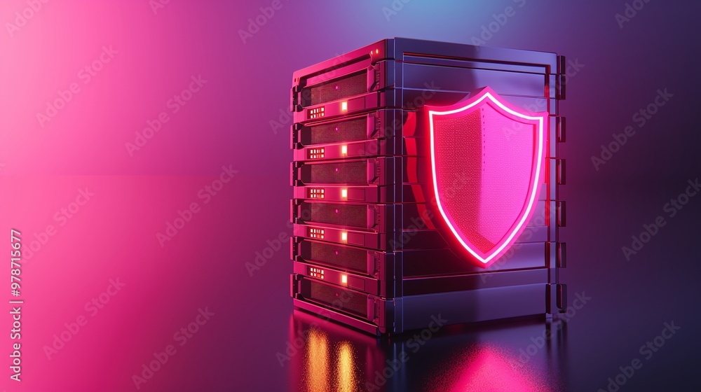 Poster conceptual representation of data security with a neon shield over a storage device, emphasizing pro